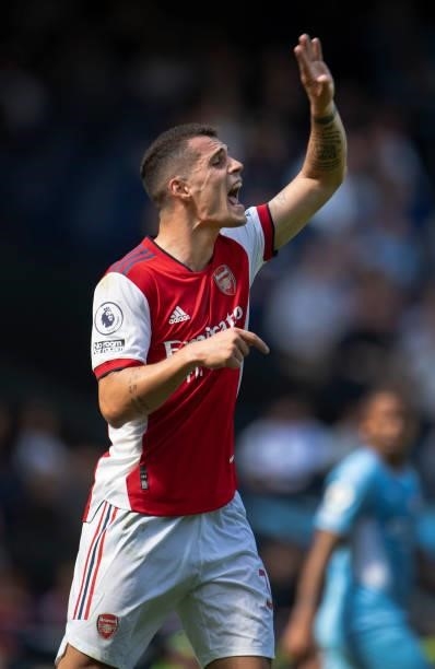 Granit Xhaka of Arsenal during the Premier League match between Manchester City and Arsenal at Etihad Stadium on August 28, 2021 in Manchester,...