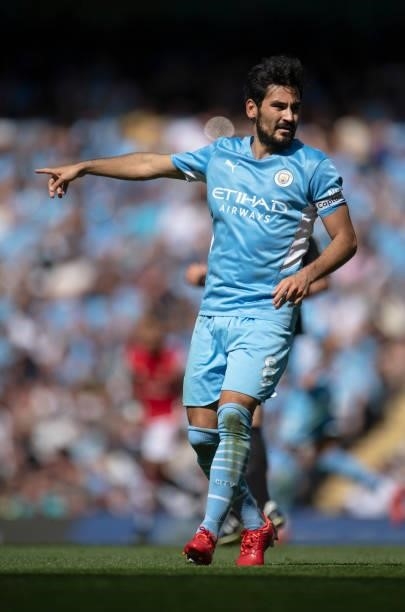 Ilkay Gündogan of Manchester City during the Premier League match between Manchester City and Arsenal at Etihad Stadium on August 28, 2021 in...
