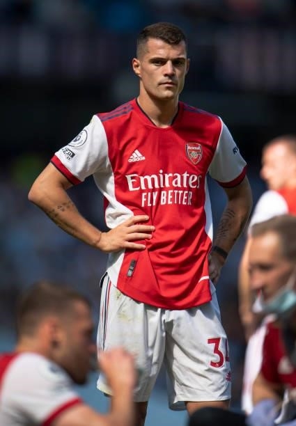 Granit Xhaka of Arsenal during the Premier League match between Manchester City and Arsenal at Etihad Stadium on August 28, 2021 in Manchester,...