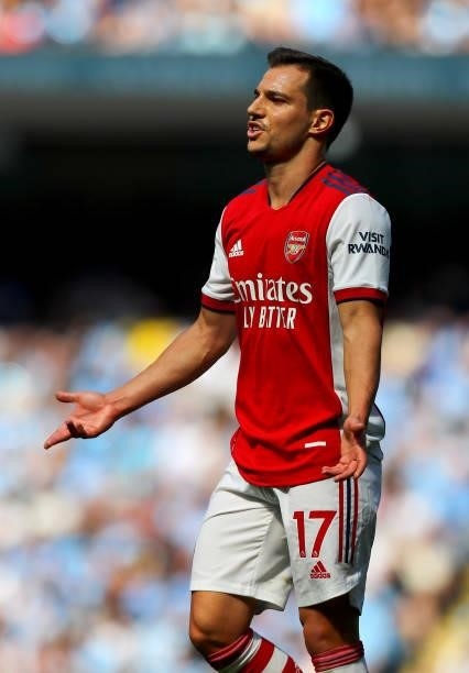 Cedric of Arsenal gestures during the Premier League match between Manchester City and Arsenal at Etihad Stadium on August 28, 2021 in Manchester,...