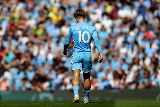 Jack Grealish of Manchester City in action during the Premier League match between Manchester City and Arsenal at Etihad Stadium on August 28, 2021...