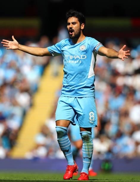Ilkay Gundogan of Manchester City reacts during the Premier League match between Manchester City and Arsenal at Etihad Stadium on August 28, 2021 in...
