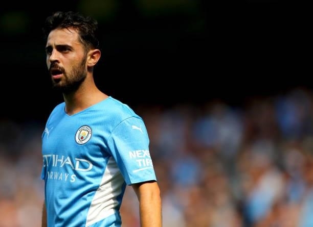 Bernardo Silva of Manchester City during the Premier League match between Manchester City and Arsenal at Etihad Stadium on August 28, 2021 in...