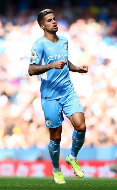 Joao Cancelo of Manchester City during the Premier League match between Manchester City and Arsenal at Etihad Stadium on August 28, 2021 in...