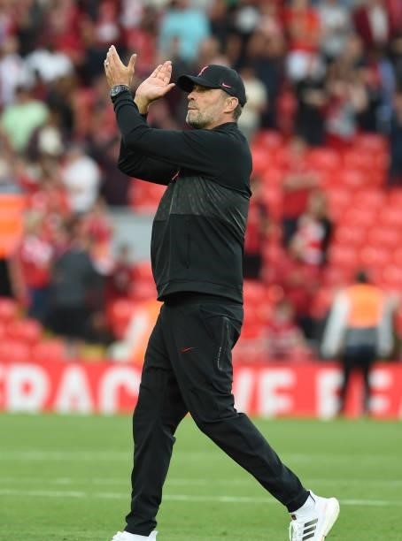 Jurgen Klopp manager of Liverpool at the end of the Premier League match between Liverpool and Chelsea at Anfield on August 28, 2021 in Liverpool,...