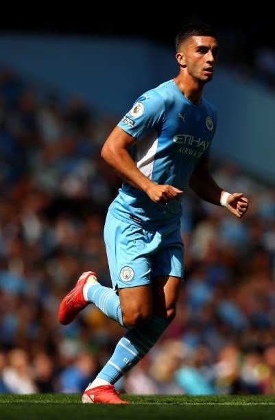 Ferran Torres of Manchester City during the Premier League match between Manchester City and Arsenal at Etihad Stadium on August 28, 2021 in...