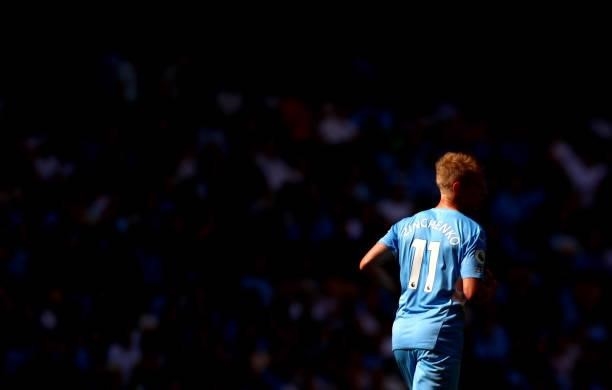 Oleksandr Zinchenko of Manchester City during the Premier League match between Manchester City and Arsenal at Etihad Stadium on August 28, 2021 in...