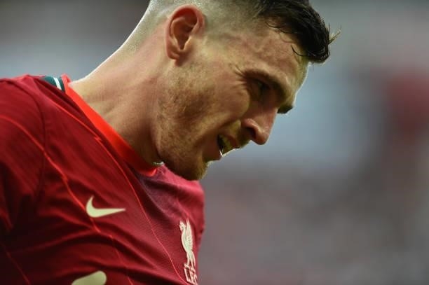 Andy Robertson of Liverpool during the Premier League match between Liverpool and Chelsea at Anfield on August 28, 2021 in Liverpool, England.