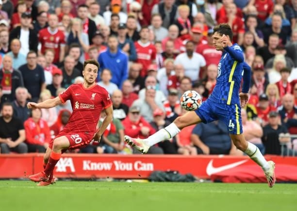 Diogo Jota of Liverpool with Chelsea's Andreas Christensen during the Premier League match between Liverpool and Chelsea at Anfield on August 28,...