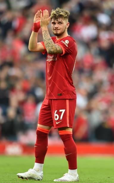 Harvey Elliott of Liverpool during the Premier League match between Liverpool and Chelsea at Anfield on August 28, 2021 in Liverpool, England.