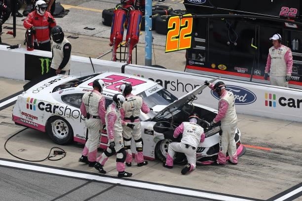 Austin Cindric, driver of the Car Shop Ford, pits after an on-track incident during the NASCAR Xfinity Series Wawa 250 at Daytona International...