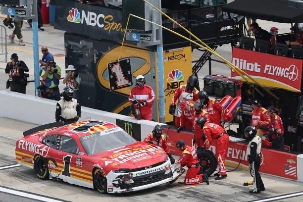 Michael Annett, driver of the PFJ Thank A Trucker Chevrolet, pits after an on-track incident during the NASCAR Xfinity Series Wawa 250 at Daytona...