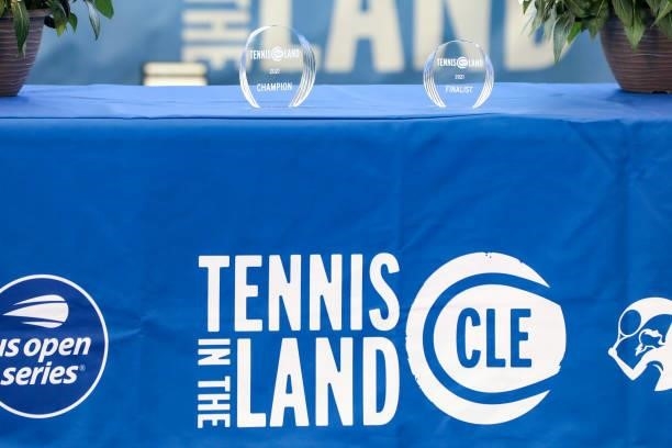 The champion and finalist trophies sit on a table after the final match between Anett Kontaveit of Estonia and Irina-Camelia Begu of Romania on day 7...