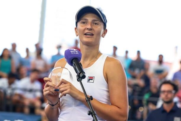Irina-Camelia Begu of Romania is interviewed after her finals match against Anett Kontaveit of Estonia on day 7 of the Cleveland Championships at...