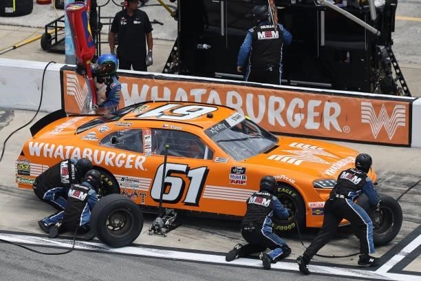 David Starr, driver of the Whataburger Toyota, pits during the NASCAR Xfinity Series Wawa 250 at Daytona International Speedway on August 28, 2021 in...