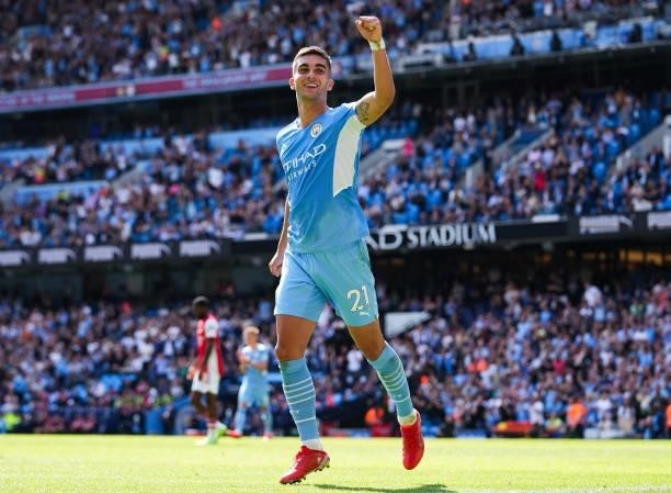 Ferran Torres of Manchester City celebrates after scoring his teams fourth goal during the Premier League match between Manchester City and Arsenal...