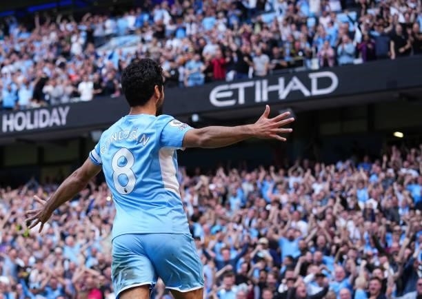 Of Manchester City in action during the Premier League match between Manchester City and Arsenal at Etihad Stadium on August 28, 2021 in Manchester,...