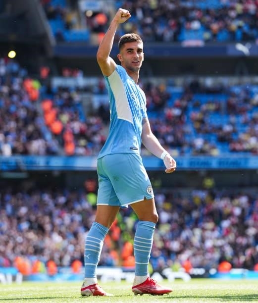 Ferran Torres of Manchester City celebrates after scoring his teams fourth goal during the Premier League match between Manchester City and Arsenal...