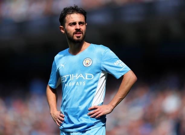 Bernardo Silva of Manchester City in action during the Premier League match between Manchester City and Arsenal at Etihad Stadium on August 28, 2021...
