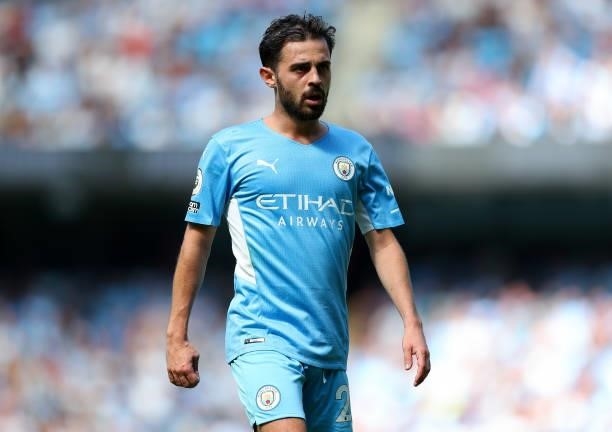 Bernardo Silva of Manchester City in action during the Premier League match between Manchester City and Arsenal at Etihad Stadium on August 28, 2021...