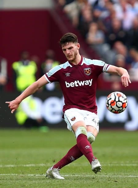 Declan Rice of West Ham during the Premier League match between West Ham United and Crystal Palace at London Stadium on August 28, 2021 in London,...