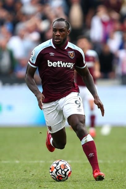 Michail Antonio of West Ham during the Premier League match between West Ham United and Crystal Palace at London Stadium on August 28, 2021 in...