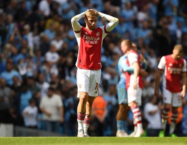 Emile Smith Rowe of Arsenal druing the Premier League match between Manchester City and Arsenal at Etihad Stadium on August 28, 2021 in Manchester,...
