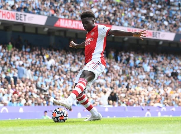 Bukayo Saka of Arsenal during the Premier League match between Manchester City and Arsenal at Etihad Stadium on August 28, 2021 in Manchester,...