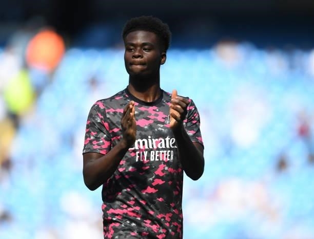Bukayo Saka of Arsenal before the Premier League match between Manchester City and Arsenal at Etihad Stadium on August 28, 2021 in Manchester,...