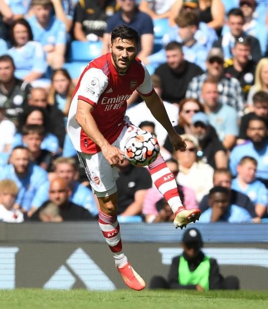 Sead Kolasinac of Arsenal during the Premier League match between Manchester City and Arsenal at Etihad Stadium on August 28, 2021 in Manchester,...