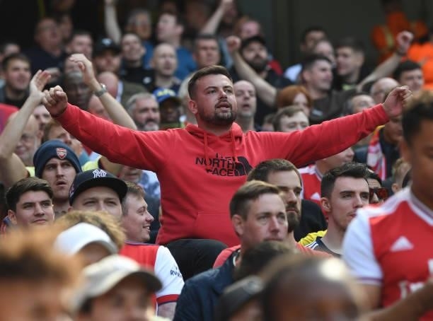 Arsenal fans during the Premier League match between Manchester City and Arsenal at Etihad Stadium on August 28, 2021 in Manchester, England.