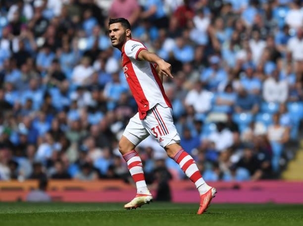 Sead Kolasinac of Arsenal during the Premier League match between Manchester City and Arsenal at Etihad Stadium on August 28, 2021 in Manchester,...