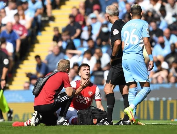 Arsenal's Kieran Tierney complains to the referee during the Premier League match between Manchester City and Arsenal at Etihad Stadium on August 28,...