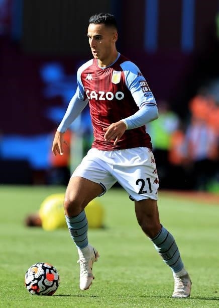 Anwar El Ghazi of Aston Villa runs with the ball during the Premier League match between Aston Villa and Brentford at Villa Park on August 28, 2021...