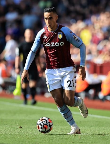 Anwar El Ghazi of Aston Villa runs with the ball during the Premier League match between Aston Villa and Brentford at Villa Park on August 28, 2021...