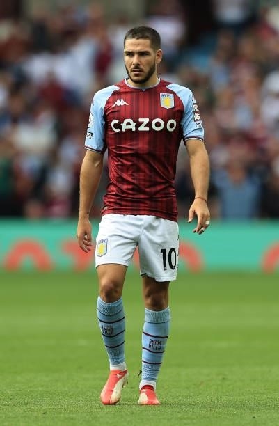 Emiliano Buendia of Aston Villa looks on during the Premier League match between Aston Villa and Brentford at Villa Park on August 28, 2021 in...