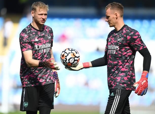 Aaron Ramsdale and Bernd Leno of Arsenal before the Premier League match between Manchester City and Arsenal at Etihad Stadium on August 28, 2021 in...