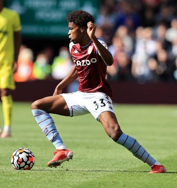 Carney Chukwuemeka of Aston Villa runs with the ball during the Premier League match between Aston Villa and Brentford at Villa Park on August 28,...