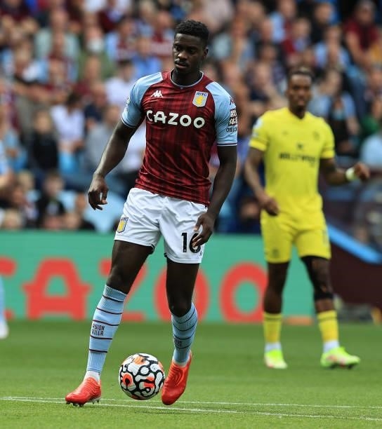 Axel Tuanzebe of Aston Villa controls the ball during the Premier League match between Aston Villa and Brentford at Villa Park on August 28, 2021 in...