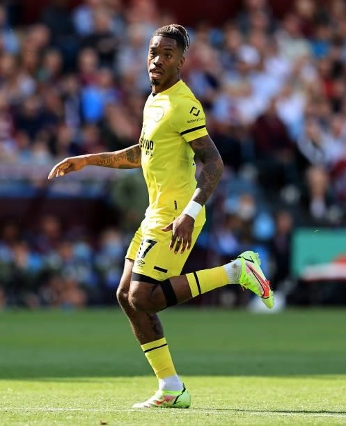 Ivan Toney of Brentford looks on during the Premier League match between Aston Villa and Brentford at Villa Park on August 28, 2021 in Birmingham,...
