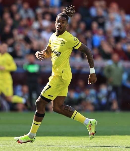 Ivan Toney of Brentford looks on during the Premier League match between Aston Villa and Brentford at Villa Park on August 28, 2021 in Birmingham,...