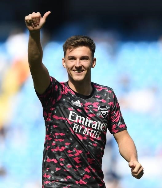 Kieran Tierney of Arsenal before the Premier League match between Manchester City and Arsenal at Etihad Stadium on August 28, 2021 in Manchester,...