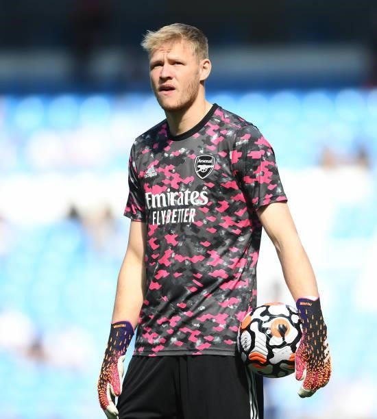 Aaron Ramsdale of Arsenal before the Premier League match between Manchester City and Arsenal at Etihad Stadium on August 28, 2021 in Manchester,...