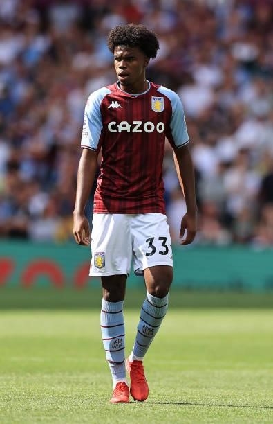 Carney Chukwuemeka of Aston Villa looks on during the Premier League match between Aston Villa and Brentford at Villa Park on August 28, 2021 in...