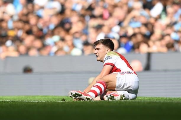 Kieran Tierney of Arsenal during the Premier League match between Manchester City and Arsenal at Etihad Stadium on August 28, 2021 in Manchester,...