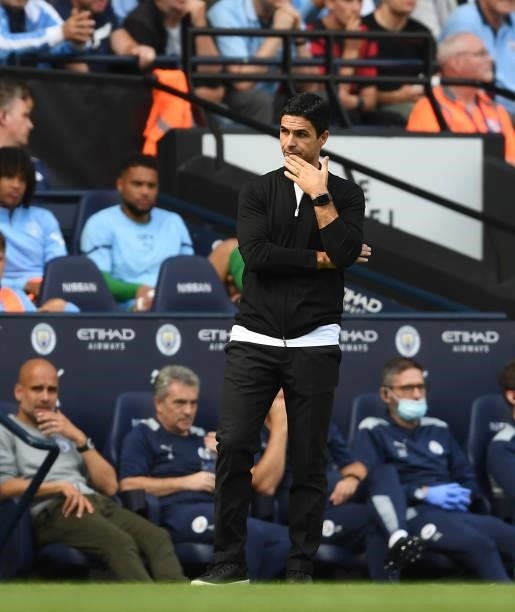 Arsenal manager Mikel Arteta during the Premier League match between Manchester City and Arsenal at Etihad Stadium on August 28, 2021 in Manchester,...