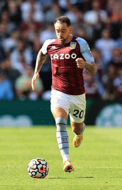 Danny Ings of Aston Villa runs with the ball during the Premier League match between Aston Villa and Brentford at Villa Park on August 28, 2021 in...