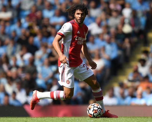 Mo Elneny of Arsenal during the Premier League match between Manchester City and Arsenal at Etihad Stadium on August 28, 2021 in Manchester, England.