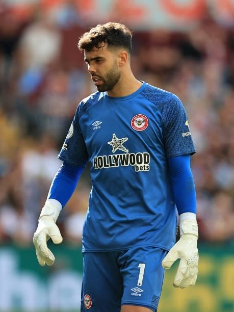 David Raya of Brentford looks on during the Premier League match between Aston Villa and Brentford at Villa Park on August 28, 2021 in Birmingham,...