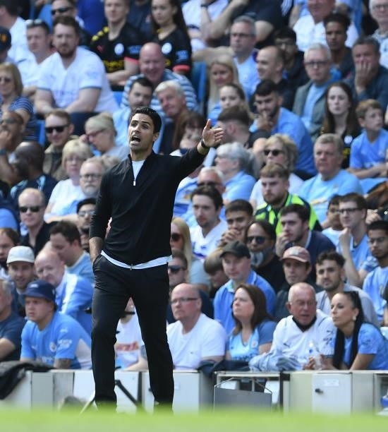 Arsenal manager Mikel Arteta during the Premier League match between Manchester City and Arsenal at Etihad Stadium on August 28, 2021 in Manchester,...
